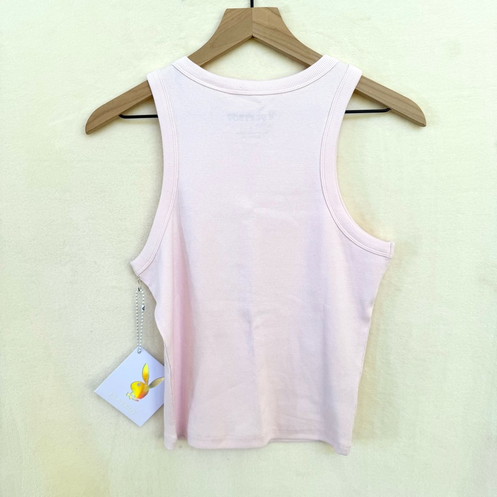 PLAYBOY Light Pink Rhinestone Bunny Ribbed Tank Top + Sticker - Picture 3 of 6